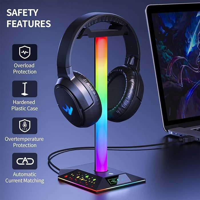 Xergur Gaming Headphone Stand PC Accessories - RGB Headset Stand with 2 USB Charger, Cool LED Headphone Holder PC Gaming Accessories for Boys Men Gamers, Computer Game Hardware for Desk - Image 5