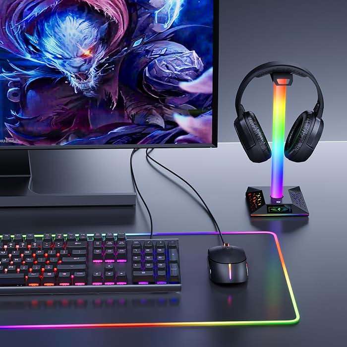 Xergur Gaming Headphone Stand PC Accessories - RGB Headset Stand with 2 USB Charger, Cool LED Headphone Holder PC Gaming Accessories for Boys Men Gamers, Computer Game Hardware for Desk - Image 6