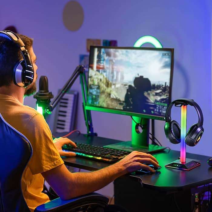 Xergur Gaming Headphone Stand PC Accessories - RGB Headset Stand with 2 USB Charger, Cool LED Headphone Holder PC Gaming Accessories for Boys Men Gamers, Computer Game Hardware for Desk - Image 7