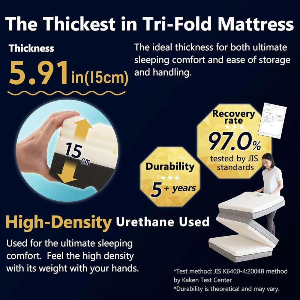 EMOOR Japanese Futon Mattress Tri-Fold Type Premium Queen White & Gray, High-Density Extra-Thick Removal Cover Three-Layer Urethane Foam - Image 3