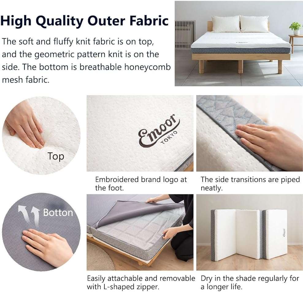 EMOOR Japanese Futon Mattress Tri-Fold Type Premium Queen White & Gray, High-Density Extra-Thick Removal Cover Three-Layer Urethane Foam - Image 7