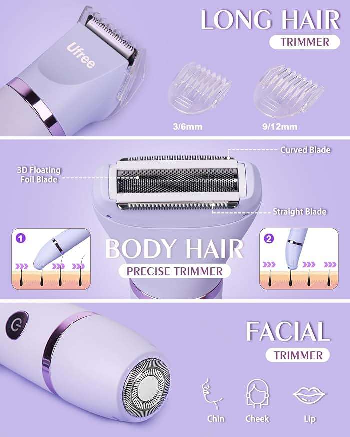 Ufree Bikini Trimmer Electric Razors for Women, Ceramic Blade Body Hair Trimmer, IPX7 Waterproof Rechargeable Lady Shaver, Personal Groomer for Legs & Pubic Hair, Gifts for Women, Purple - Image 2