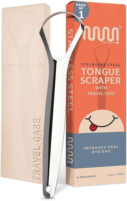 MasterMedi Tongue Scraper for Adults, 100% Stainless Steel Tongue Scrubber for Bad Breath, Easy to Use, Tongue Cleaner for Oral Care & Hygiene (SPTC-1|with Case) - Image 1