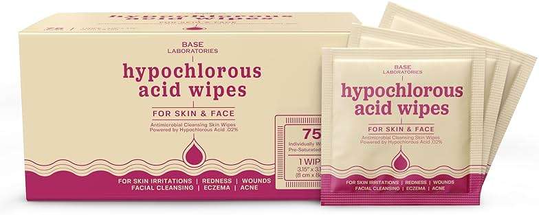 BASE LABORATORIES Hypochlorous Acid Wipes for Face & Skin - Facial Cleansing and Daily Skin Repair Hypochlorous Acid Wipes - for Sensitive Skin, Redness, Irritations, Eczema - 75 Wipes - Image 1