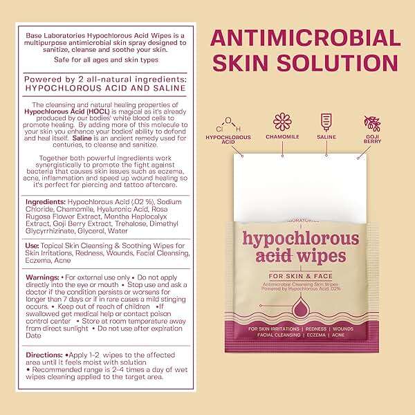 BASE LABORATORIES Hypochlorous Acid Wipes for Face & Skin - Facial Cleansing and Daily Skin Repair Hypochlorous Acid Wipes - for Sensitive Skin, Redness, Irritations, Eczema - 75 Wipes - Image 2