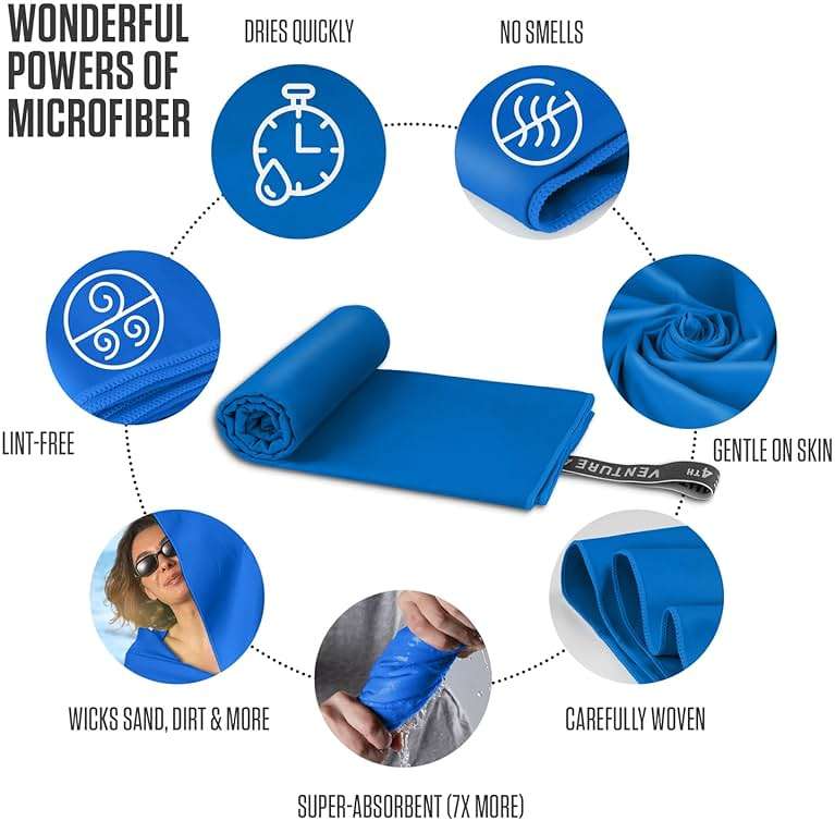 VENTURE 4TH Quick Dry Towel. Microfiber Travel Towel Ideal for Camping, Hiking, Backpacking, Gym. Lightweight & Fast Drying Travel Towels for Body. Compact & Easy to Pack - Blue Medium - Image 7