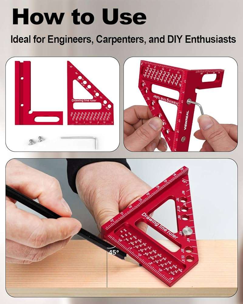 ViewReal Premium Carpenter Square Hole Scribing Ruler Woodworking Square 22.5-90 Degree Measuring Ruler with Angle Pin,Versatile Multi Angle Square for Woodworking, Engineering, and Construction - Image 6