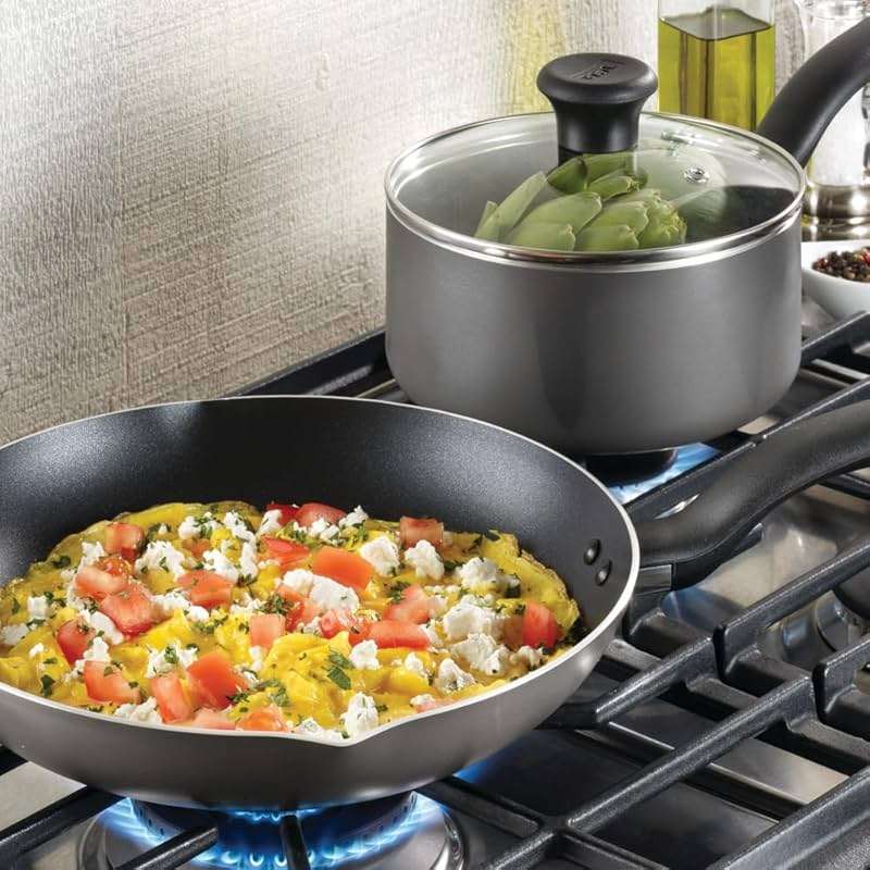 T-fal Initiatives Nonstick Cookware Set 6 Piece Oven Safe 350F Cookware, Pots and Pans, Oven, Broil, Dishwasher Safe Gray - Image 2