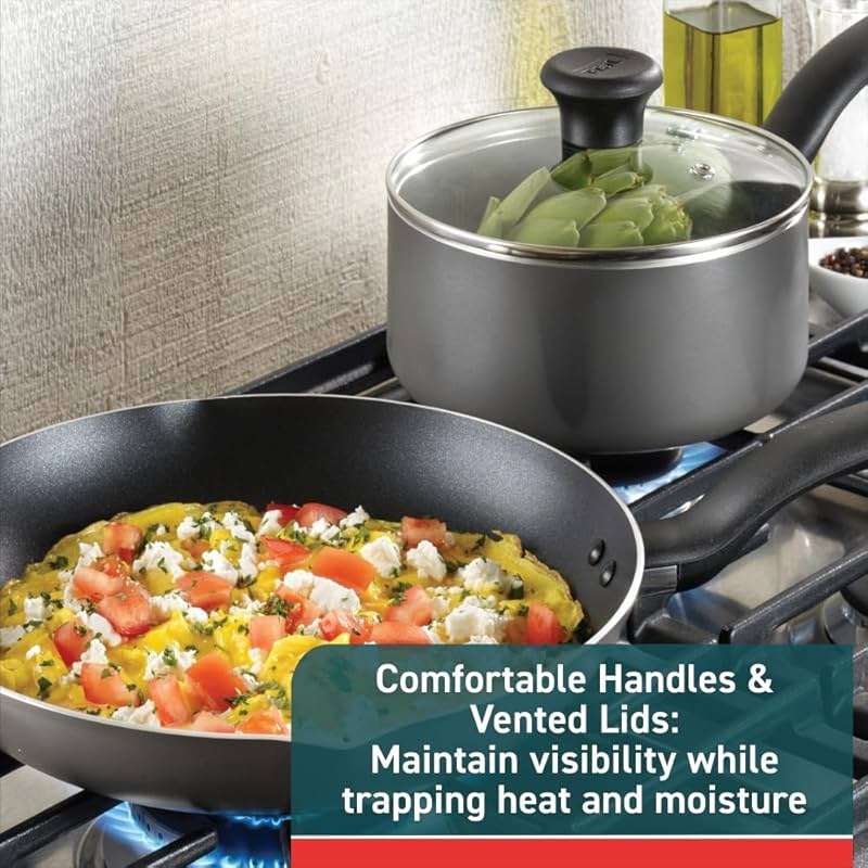 T-fal Initiatives Nonstick Cookware Set 6 Piece Oven Safe 350F Cookware, Pots and Pans, Oven, Broil, Dishwasher Safe Gray - Image 5