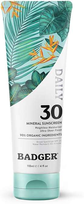 Badger Mineral Daily Sunscreen with Zinc Oxide, SPF 30, Lightweight & Easy to Apply w/No White Cast, Moisturizing Organic Sunscreen, Reef Safe, Vegan, Unscented, 4 fl oz - Image 1