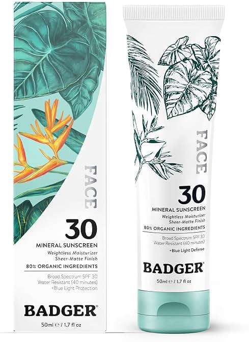 Badger Zinc Oxide Face Sunscreen SPF 30, Lightweight Mineral Sunscreen for Face, Matte Finish, No White Cast, Vegan, Water Resistant, Unscented, Mineral Sunblock Face Lotion, 1.7 fl oz - Image 1