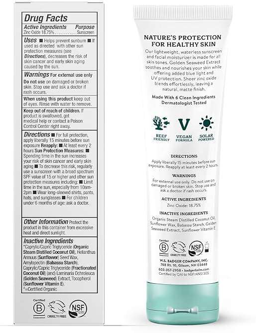 Badger Zinc Oxide Face Sunscreen SPF 30, Lightweight Mineral Sunscreen for Face, Matte Finish, No White Cast, Vegan, Water Resistant, Unscented, Mineral Sunblock Face Lotion, 1.7 fl oz - Image 2