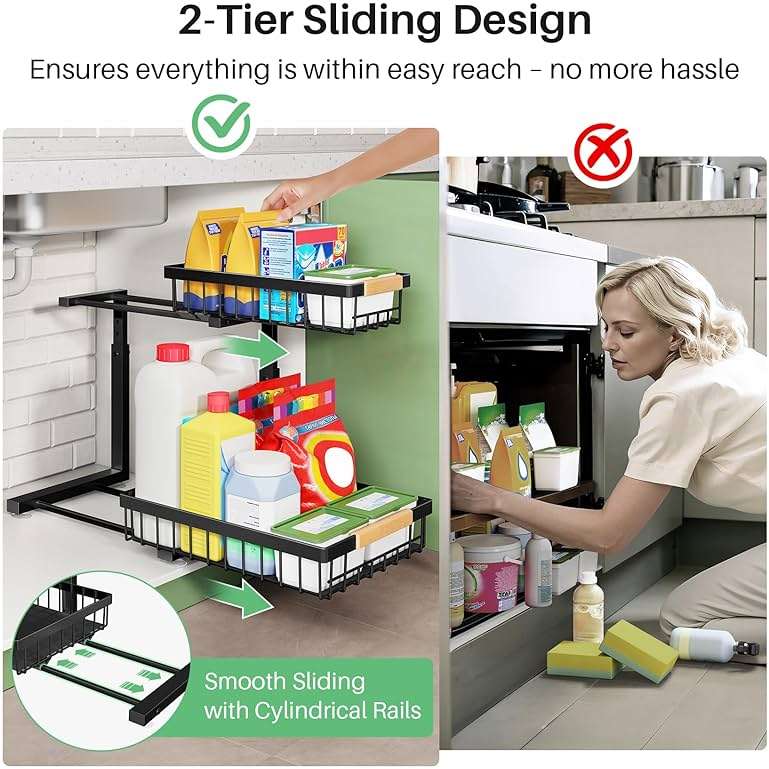 Kitstorack Under Sink Organizer, 2 Tier Under the Sink Storage, Slide out Pull out Cabinet Organizer Shelf, Metal Sliding Drawer for Kitchen Bathroom Pantry Closet Organization Rack, Black, 2 Pack - Image 6