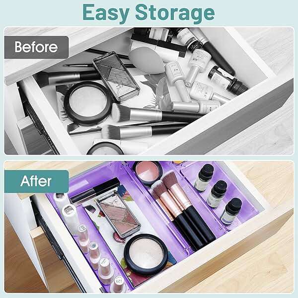 WOWBOX 25 PCS Plastic Drawer Organizer Set, Desk Drawer Divider Organizers and Storage Bins for Makeup, Jewelry, Gadgets for Kitchen, Bedroom, Bathroom, Office, Clear Purple - Image 5