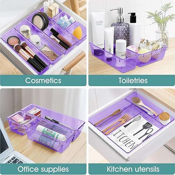 WOWBOX 25 PCS Plastic Drawer Organizer Set, Desk Drawer Divider Organizers and Storage Bins for Makeup, Jewelry, Gadgets for Kitchen, Bedroom, Bathroom, Office, Clear Purple - Image 6
