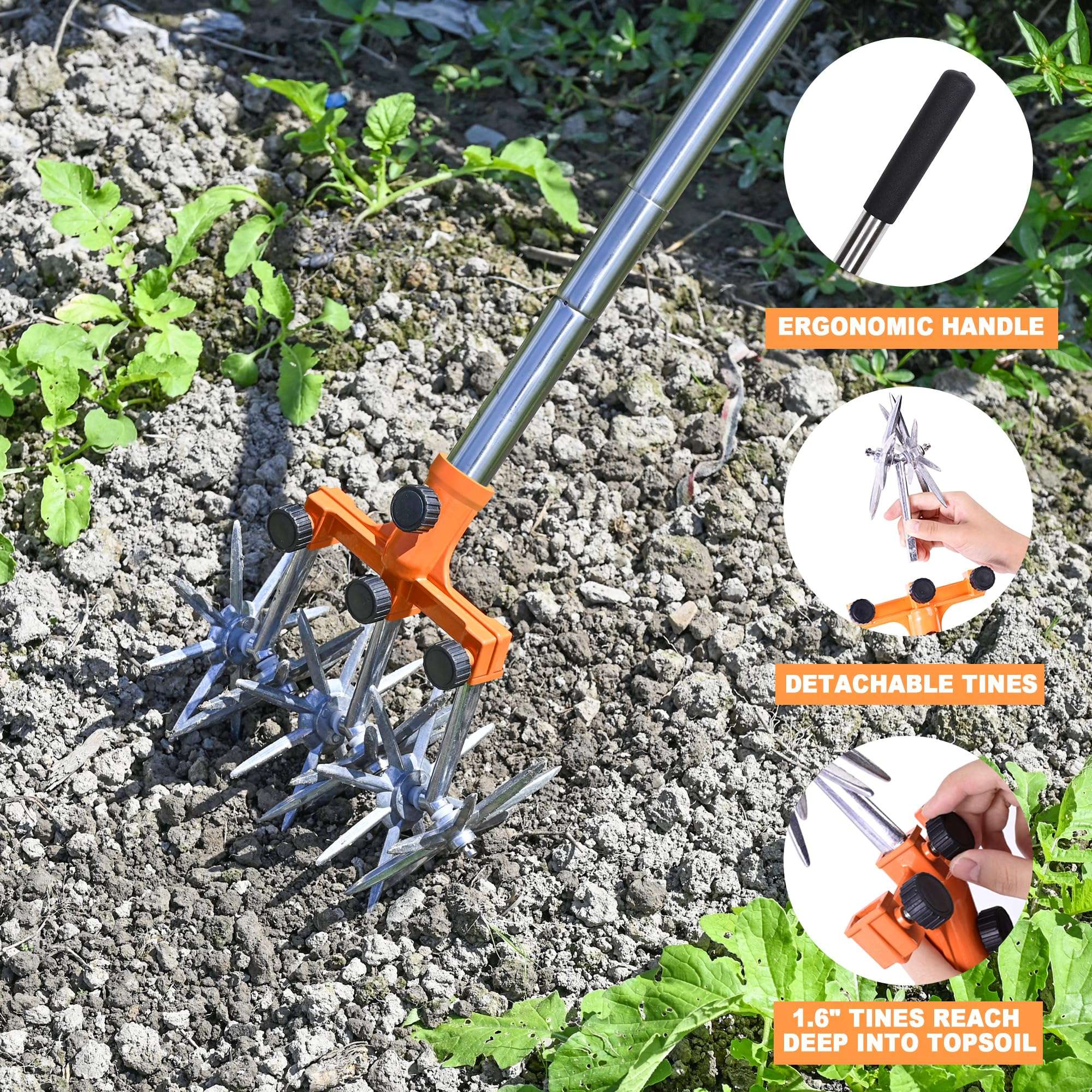 BARAYSTUS Rotary Cultivator Garden Rotary Tiller Adjustable Stainless Steel Poles Hand Tiller for Soil Mixing or Reseeding Grass Lawn Tiller Total Length 57 Inch - Image 7