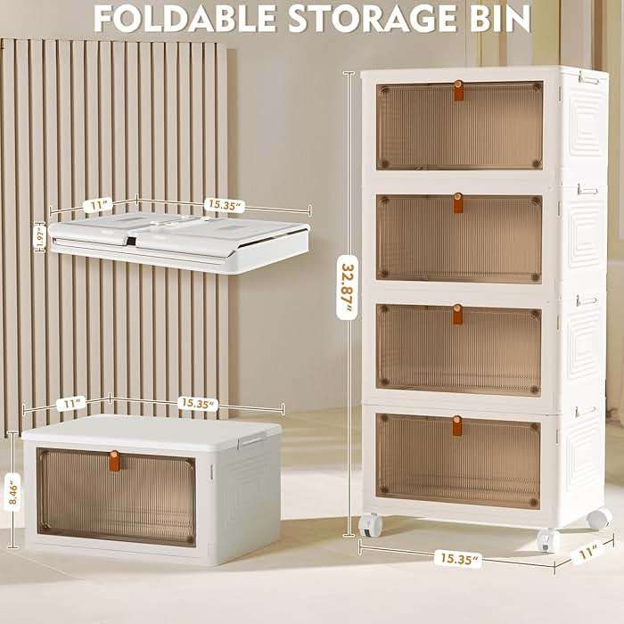 YFXCVSL 4 Tier Plastic Storage Bins with Lid 23QT, Stackable Storage Containers with Wheels, Folding Storage Boxes, Stackable Storage Bins, Organizers and Storage for Living Room,Office,Dorm - Image 2