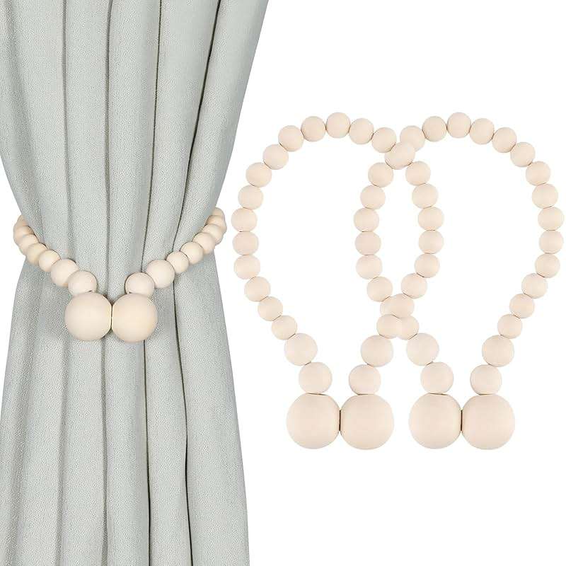 KLOGTSIND Magnetic Curtain Tiebacks, Curtain Holdbacks for Curtains 2 Pack, Wood Bead Curtain Holders for Boho Bedroom Decor, Baby Nursery Decor, Farmhouse Decor - Image 1