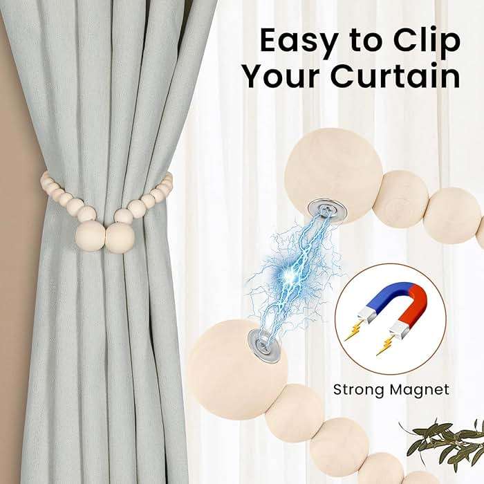 KLOGTSIND Magnetic Curtain Tiebacks, Curtain Holdbacks for Curtains 2 Pack, Wood Bead Curtain Holders for Boho Bedroom Decor, Baby Nursery Decor, Farmhouse Decor - Image 2