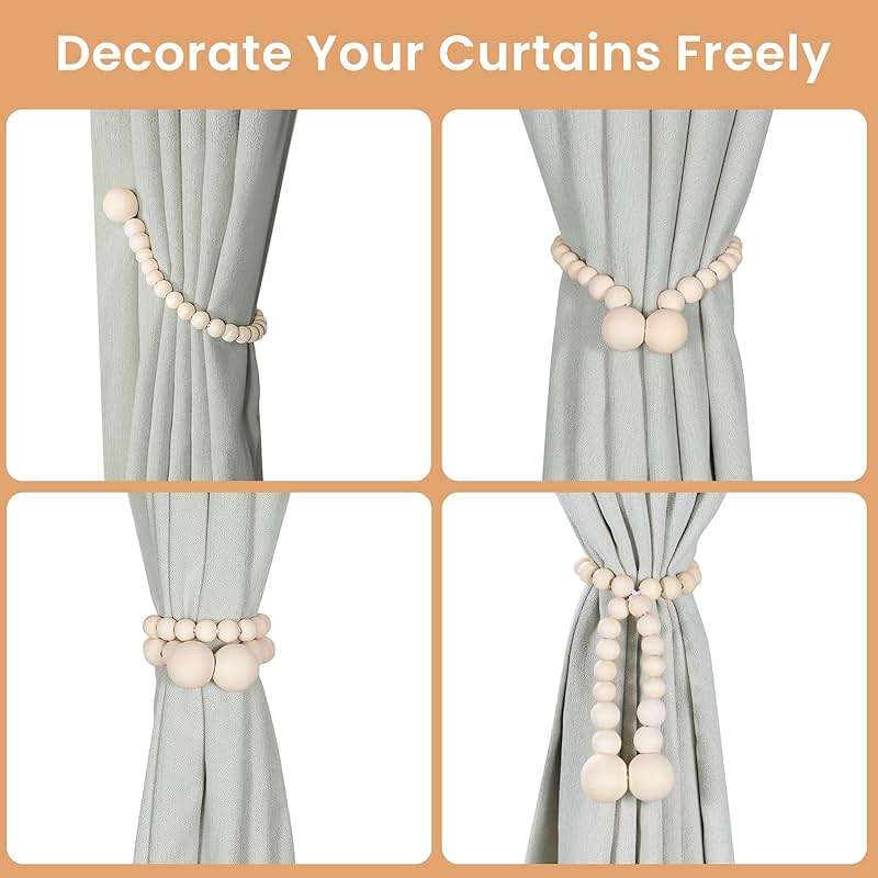 KLOGTSIND Magnetic Curtain Tiebacks, Curtain Holdbacks for Curtains 2 Pack, Wood Bead Curtain Holders for Boho Bedroom Decor, Baby Nursery Decor, Farmhouse Decor - Image 4