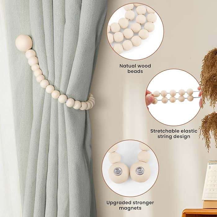 KLOGTSIND Magnetic Curtain Tiebacks, Curtain Holdbacks for Curtains 2 Pack, Wood Bead Curtain Holders for Boho Bedroom Decor, Baby Nursery Decor, Farmhouse Decor - Image 5