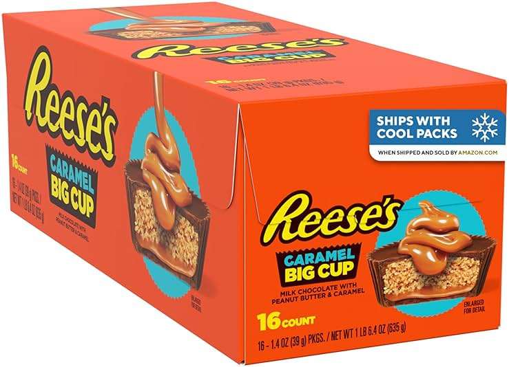 REESE'S Big Cup Caramel Milk Chocolate Peanut Butter Cups, Candy Packs, 1.4 oz (16 Count) - Image 1