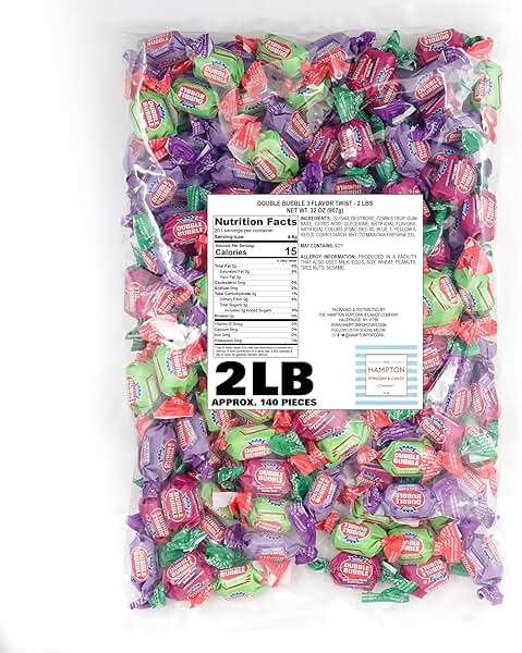 Dubble Assorted Fruit Flavored Bubble Gum - 2 Pound Bulk Bag (Approx. 140 Pieces) - Individually Wrapped Gum - The Hampton Popcorn & Candy Company (Assorted Fruit Flavored - Multi Colored) - Image 3