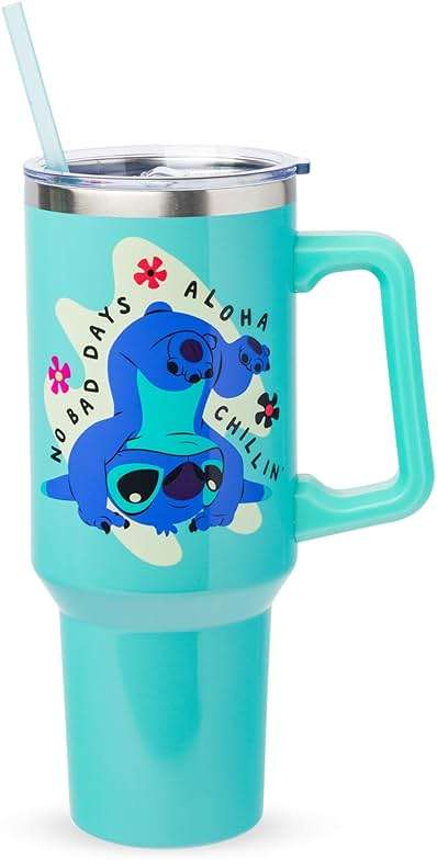 Silver Buffalo Disney Lilo and Stitch Aloha No Bad Days Chillin’ Double Walled Stainless Steel Tumbler with Handle and Straw, Fits in Standard Cup Holder, 40 Ounces - Image 1