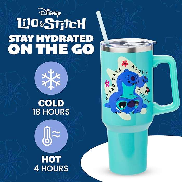 Silver Buffalo Disney Lilo and Stitch Aloha No Bad Days Chillin’ Double Walled Stainless Steel Tumbler with Handle and Straw, Fits in Standard Cup Holder, 40 Ounces - Image 2