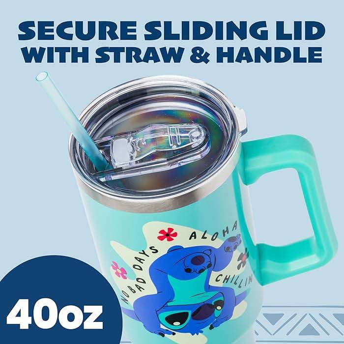 Silver Buffalo Disney Lilo and Stitch Aloha No Bad Days Chillin’ Double Walled Stainless Steel Tumbler with Handle and Straw, Fits in Standard Cup Holder, 40 Ounces - Image 3