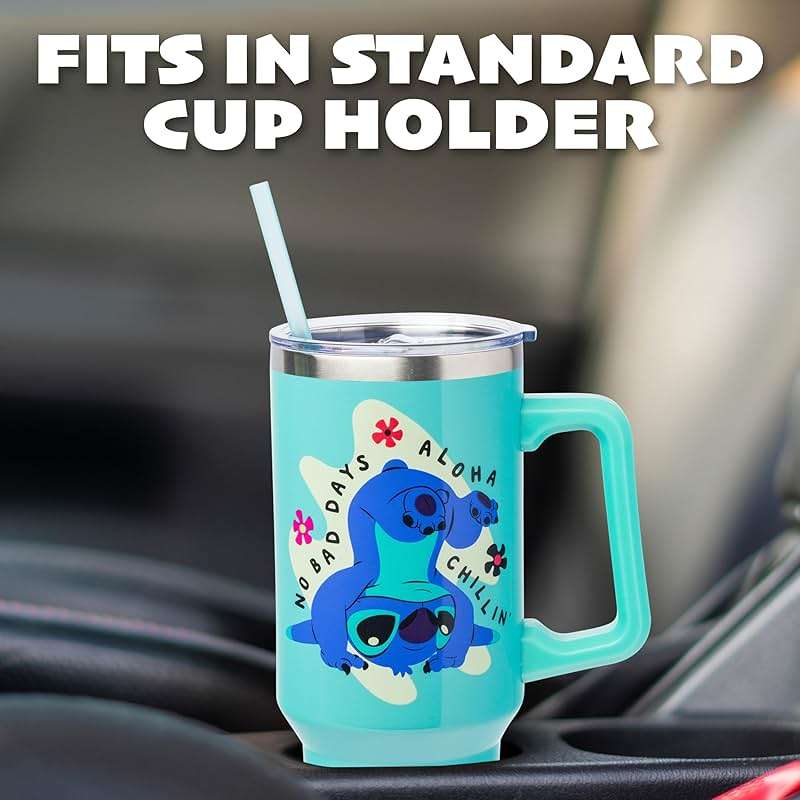 Silver Buffalo Disney Lilo and Stitch Aloha No Bad Days Chillin’ Double Walled Stainless Steel Tumbler with Handle and Straw, Fits in Standard Cup Holder, 40 Ounces - Image 5