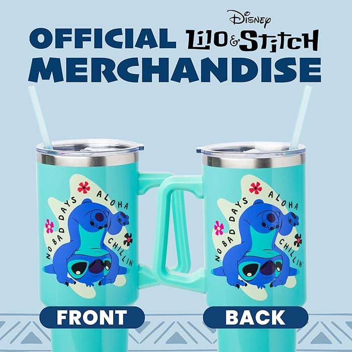Silver Buffalo Disney Lilo and Stitch Aloha No Bad Days Chillin’ Double Walled Stainless Steel Tumbler with Handle and Straw, Fits in Standard Cup Holder, 40 Ounces - Image 6