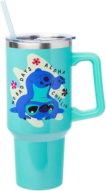 Silver Buffalo Disney Lilo and Stitch Aloha No Bad Days Chillin’ Double Walled Stainless Steel Tumbler with Handle and Straw, Fits in Standard Cup Holder, 40 Ounces - Image 7