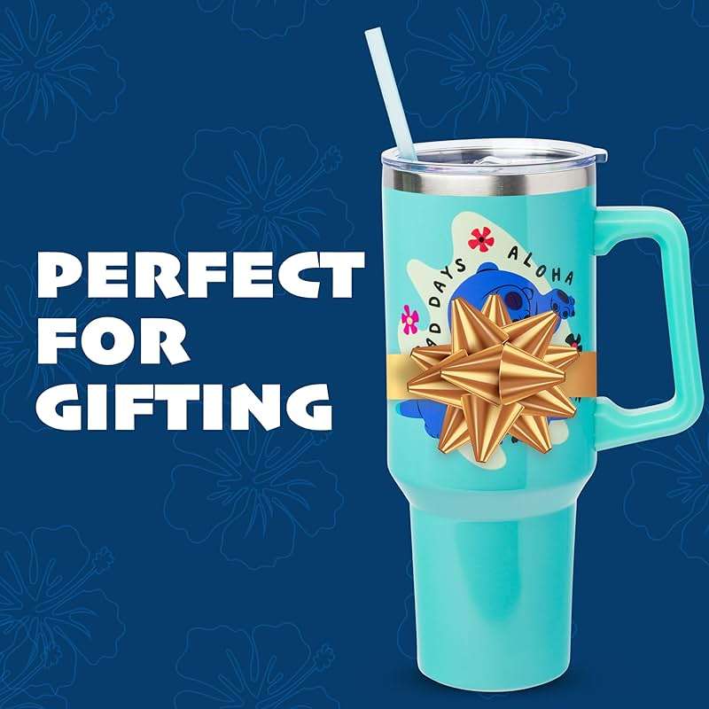 Silver Buffalo Disney Lilo and Stitch Aloha No Bad Days Chillin’ Double Walled Stainless Steel Tumbler with Handle and Straw, Fits in Standard Cup Holder, 40 Ounces - Image 8