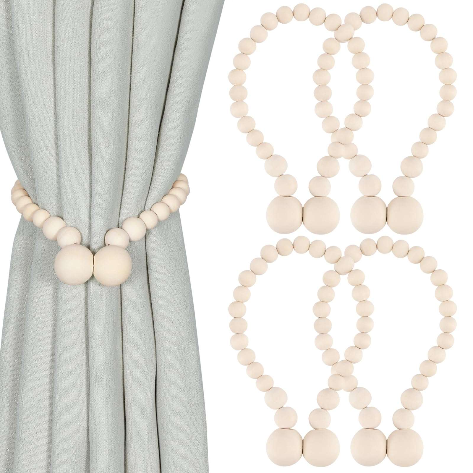 KLOGTSIND Magnetic Curtain Tiebacks, Curtain Tie Backs for Curtains 4 Pack, Wood Bead Curtain Tiebacks, Curtain Holders for Boho Bedroom Decor, Baby Nursery Decor, Farmhouse Decor - Image 1