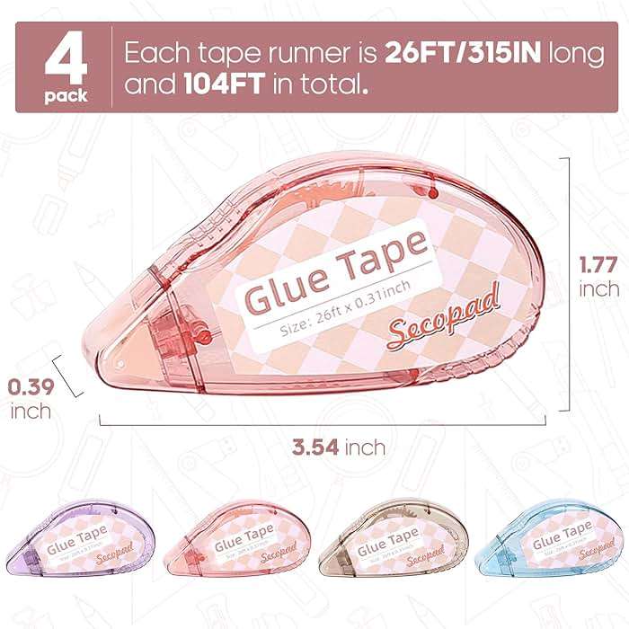 Secopad Scrapbook Tape, 4 Pack Double Sided Tape Roller for Crafts, Adhesive Glue Runner Scrapbooking Supplies Journaling School Office Teacher Supplies, 0.3IN x 26FT, Clear Light-Colored Shell - Image 5