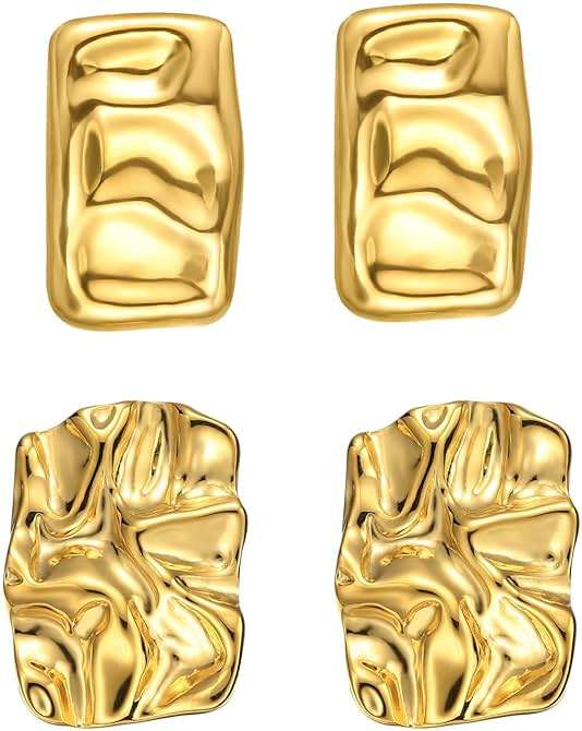 ENVYOU Geometric Rectangle Gold Plated Stud Earrings Irregular Hammered Chunky Statement Square Earrings for Women Trendy - Image 1