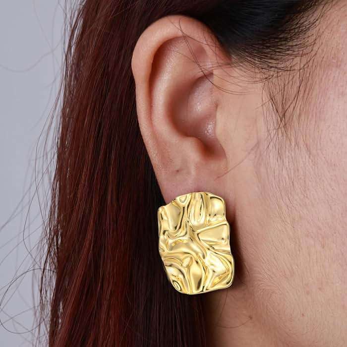 ENVYOU Geometric Rectangle Gold Plated Stud Earrings Irregular Hammered Chunky Statement Square Earrings for Women Trendy - Image 2
