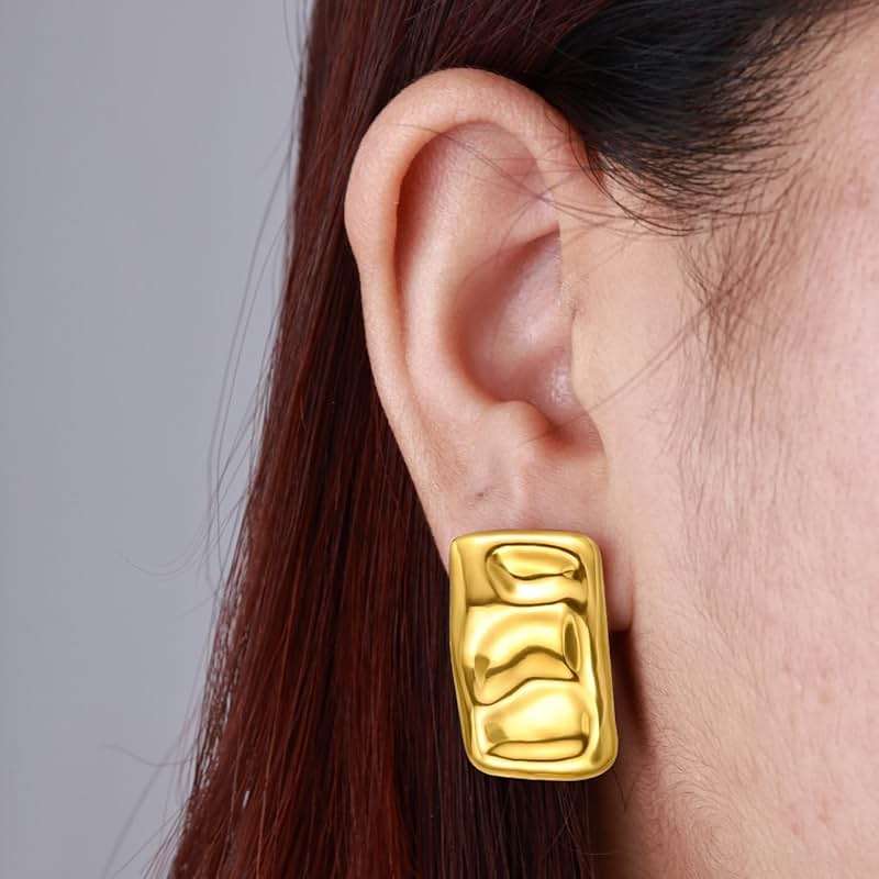 ENVYOU Geometric Rectangle Gold Plated Stud Earrings Irregular Hammered Chunky Statement Square Earrings for Women Trendy - Image 3