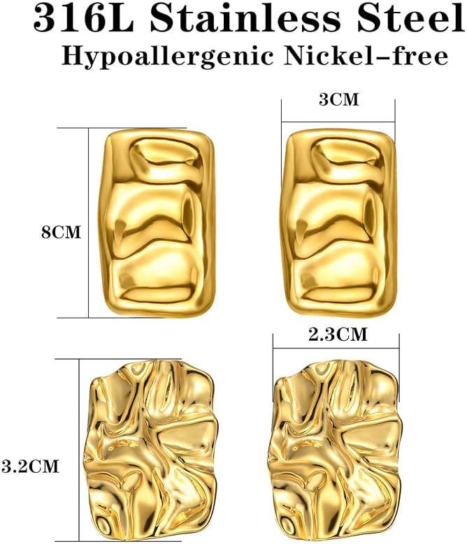 ENVYOU Geometric Rectangle Gold Plated Stud Earrings Irregular Hammered Chunky Statement Square Earrings for Women Trendy - Image 4