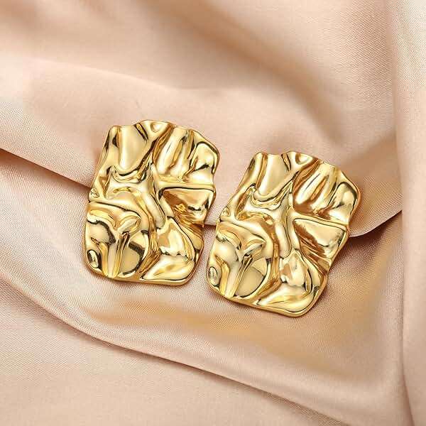 ENVYOU Geometric Rectangle Gold Plated Stud Earrings Irregular Hammered Chunky Statement Square Earrings for Women Trendy - Image 5