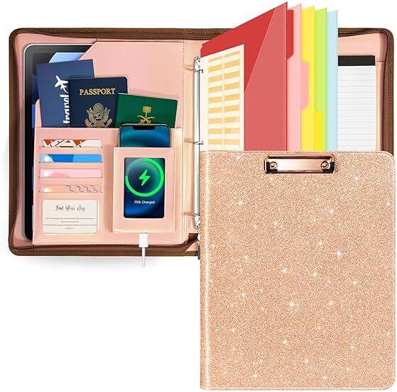 Leather Clipboard with Storage, Zippered Padfolio Portfolio Organizer, 3 Ring Binder 1 Inch, Notepad, Tablet Sleeve, 5 Dividers with Pocket, Stickets for Office, Nurses, Students, Teachers Rose Gold - Image 1