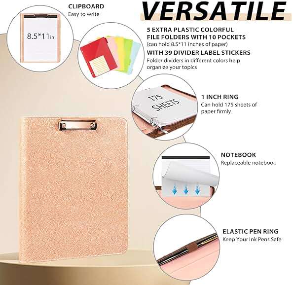 Leather Clipboard with Storage, Zippered Padfolio Portfolio Organizer, 3 Ring Binder 1 Inch, Notepad, Tablet Sleeve, 5 Dividers with Pocket, Stickets for Office, Nurses, Students, Teachers Rose Gold - Image 3