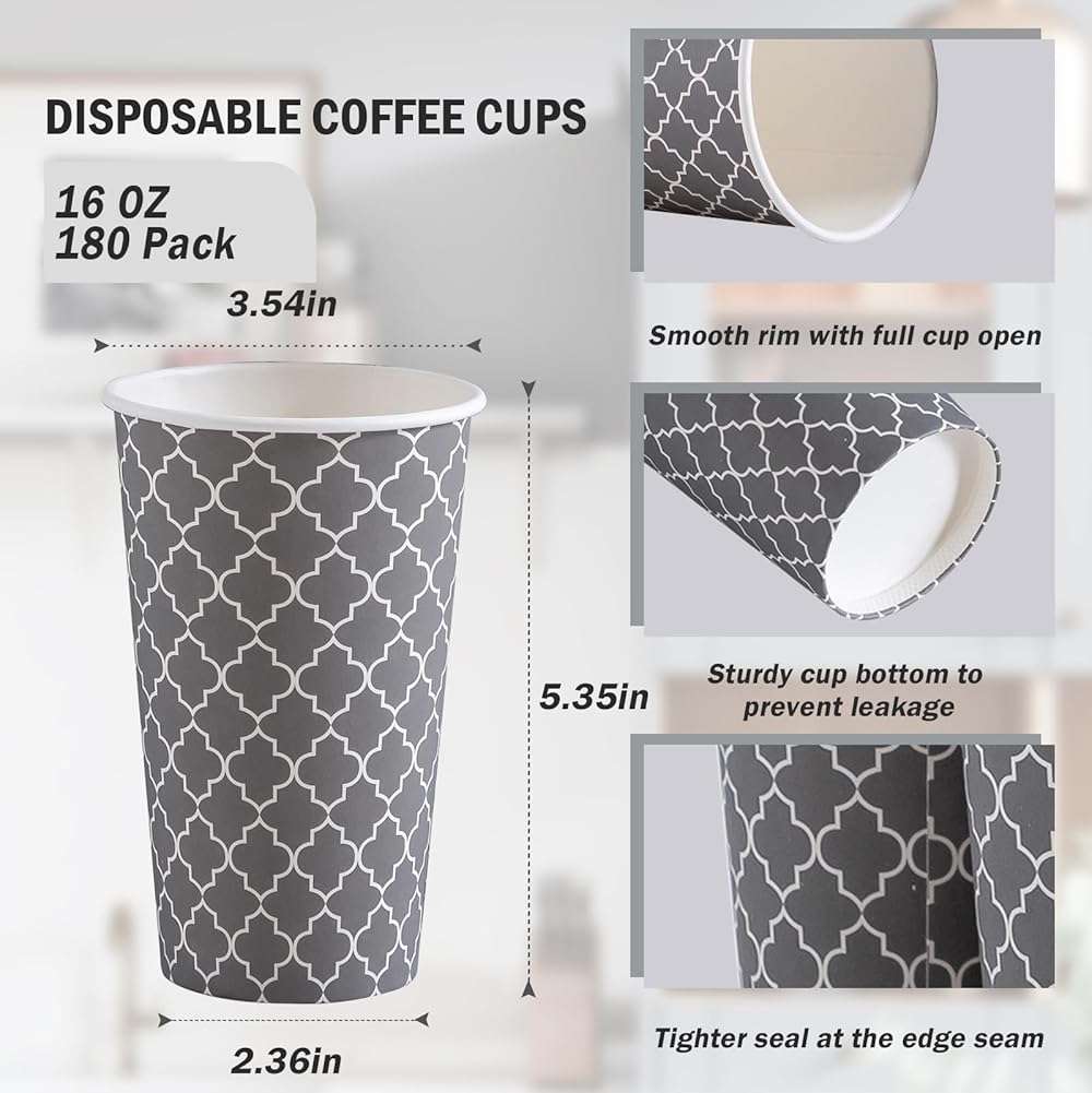 Lamosi Coffee Cups 16 oz 180 Pack, Disposable Coffee Cups, Disposable Cup,16 oz Hot Cup, Paper Insulated Cup for Cold Hot Drinks (No Lids) - Image 3