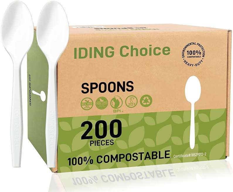 IDING Choice 100% Compostable 200 Count No Plastic Spoons, Plastic Utensils, The Heavyweight Heavy Duty Flatware is Eco-Friendly Products for Lounge Party Wedding Office BBQ Picnic Camping. - Image 1