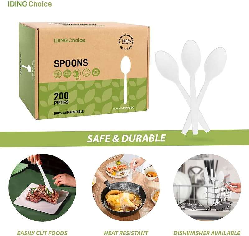 IDING Choice 100% Compostable 200 Count No Plastic Spoons, Plastic Utensils, The Heavyweight Heavy Duty Flatware is Eco-Friendly Products for Lounge Party Wedding Office BBQ Picnic Camping. - Image 9