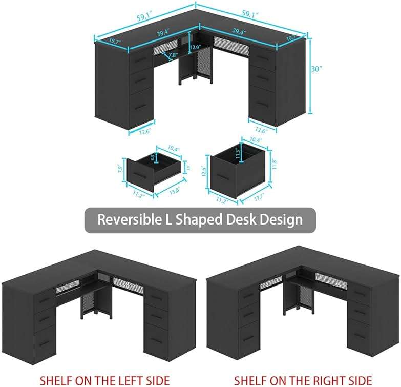 HSH Black L Shaped Desk with File Drawers Shelves, Reversible Corner Metal Wood Computer Desk with Storage Cabinet, Modern Large Executive Work Writing Study Table for Home Office Bedroom, 59 Inch - Image 2