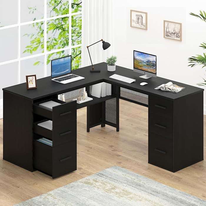 HSH Black L Shaped Desk with File Drawers Shelves, Reversible Corner Metal Wood Computer Desk with Storage Cabinet, Modern Large Executive Work Writing Study Table for Home Office Bedroom, 59 Inch - Image 3