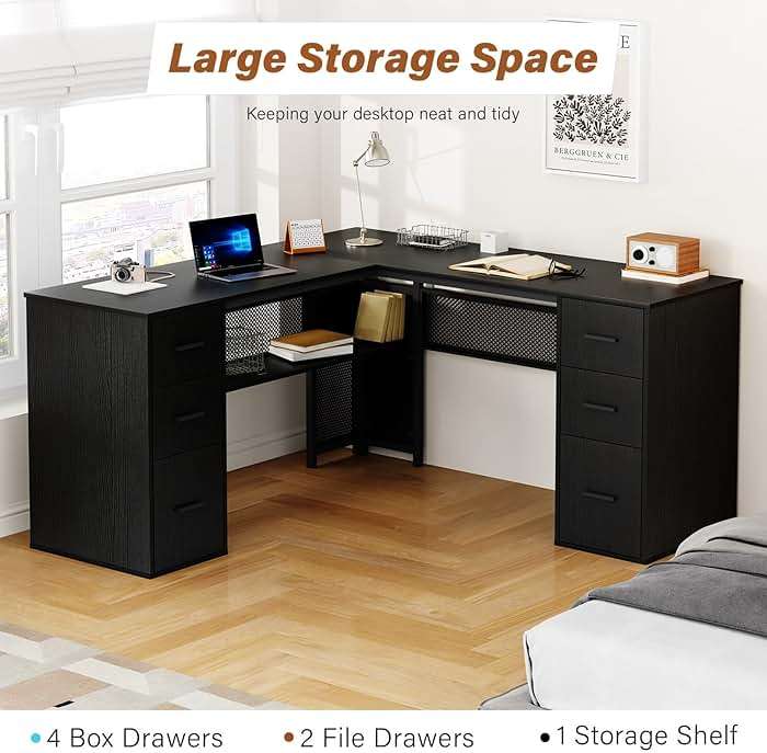HSH Black L Shaped Desk with File Drawers Shelves, Reversible Corner Metal Wood Computer Desk with Storage Cabinet, Modern Large Executive Work Writing Study Table for Home Office Bedroom, 59 Inch - Image 6