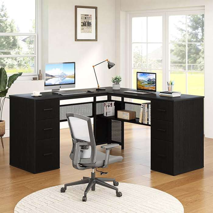 HSH Black L Shaped Desk with File Drawers Shelves, Reversible Corner Metal Wood Computer Desk with Storage Cabinet, Modern Large Executive Work Writing Study Table for Home Office Bedroom, 59 Inch - Image 8